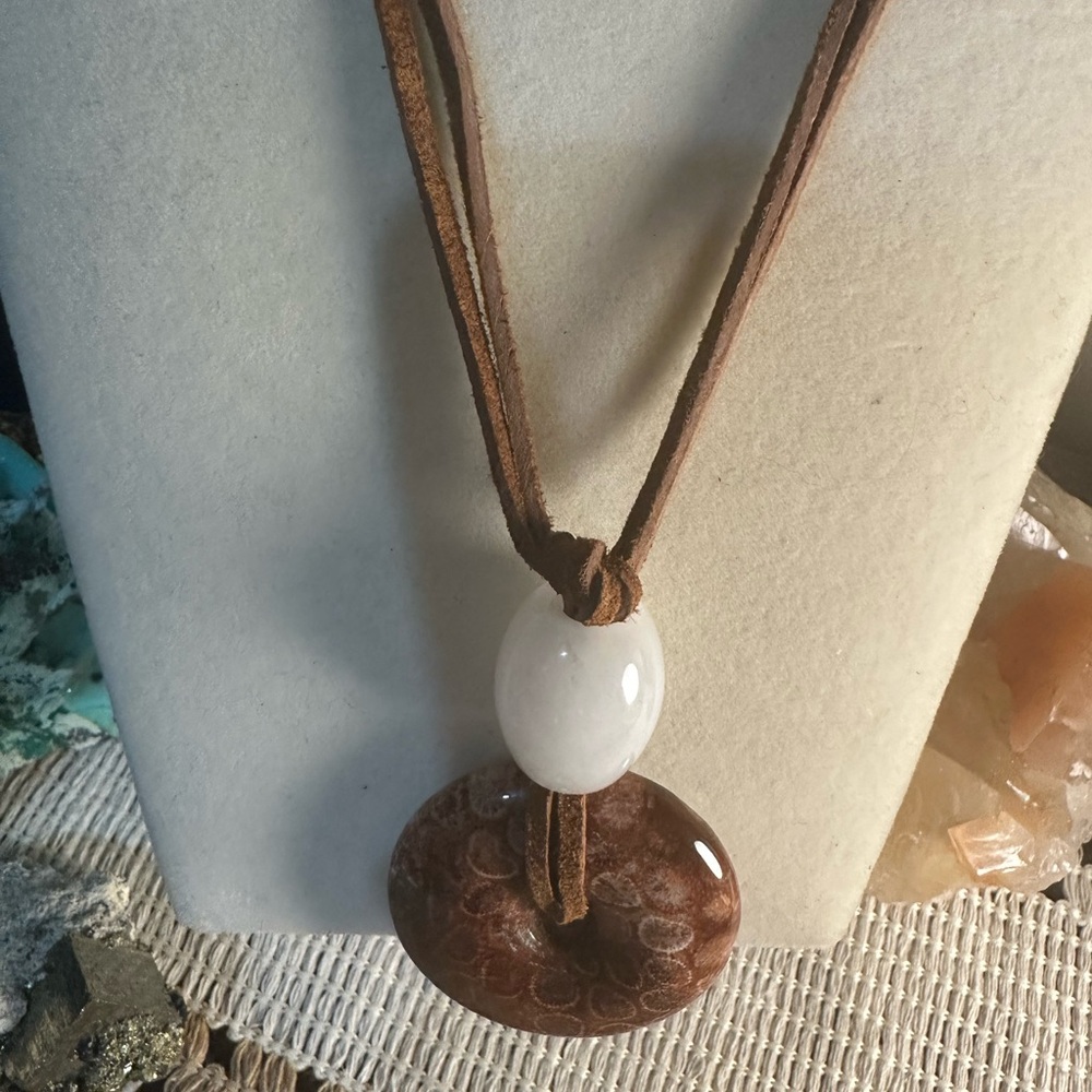 Coral Fossil Jade Donut Pendant Necklace - Picture 7 of 9